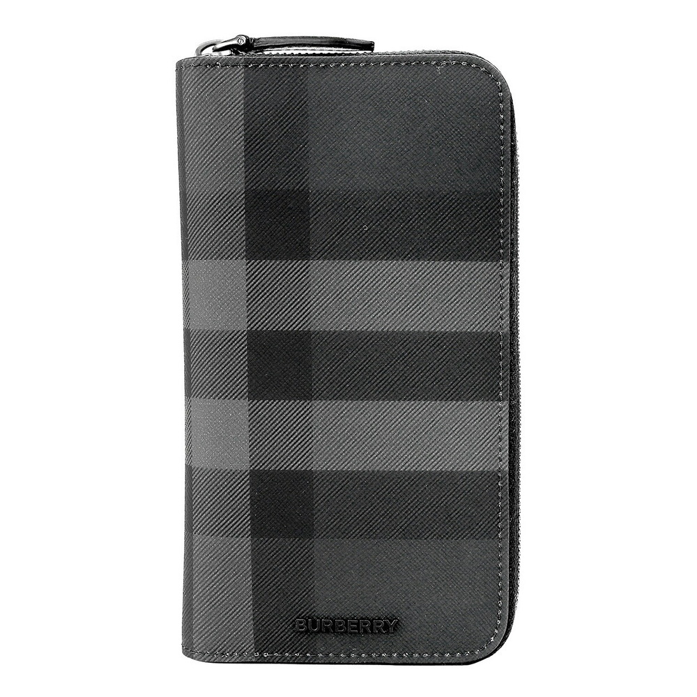 Burberry Long Wallet Round Zipper Charcoal Black Check Leather Black Gray